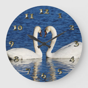 Two White Swans Form Heart Sign Große Wanduhr