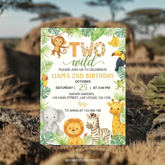 Two Wild Animals Safari 2nd Birthday Party Einladung