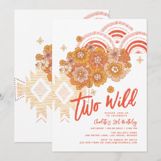 Two Wild Boho Floral Groovy 2. Geburtstag Party Einladung
