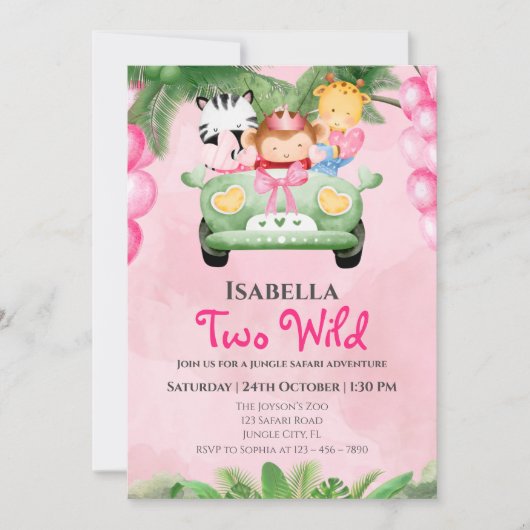 Two Wild Cute Safari Animals Girls 2nd Birthday Einladung (Vorderseite)