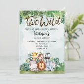 Two Wild Cute Safari Animals Girls 2nd Birthday Einladung (Stehend Vorderseite)