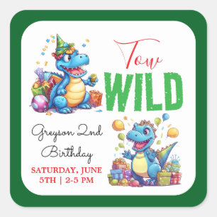 Two Wild Dino Party Boy Dinosaur 2. Geburtstag Quadratischer Aufkleber