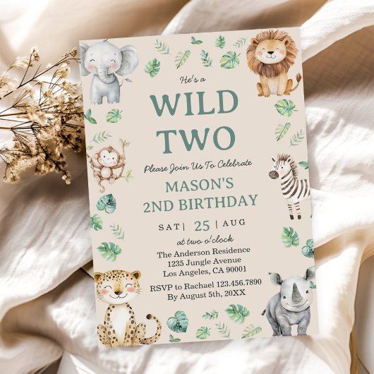 Two Wild Jungle Safari Animals 2nd Birthday Theme Einladung
