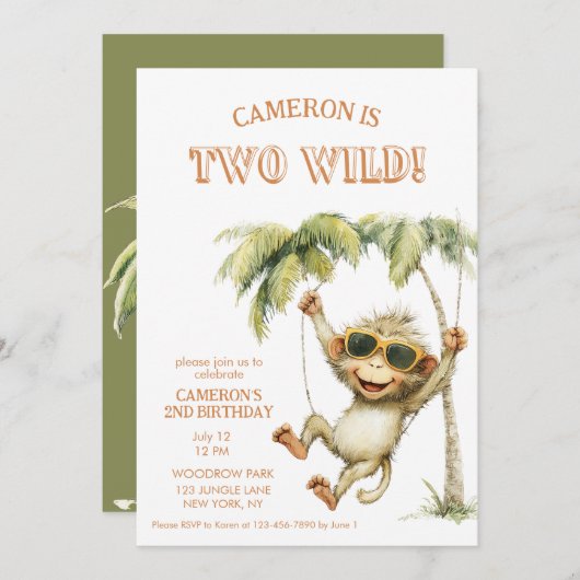 Two Wild Monkey Second Birthday Einladung (Vorne/Hinten)