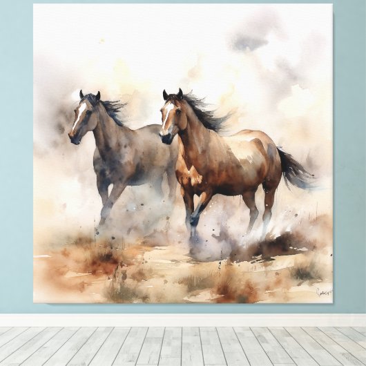 "Two Wild Mustangs" Dusty Western Wassercolor Leinwanddruck (Insitu (Holzboden))