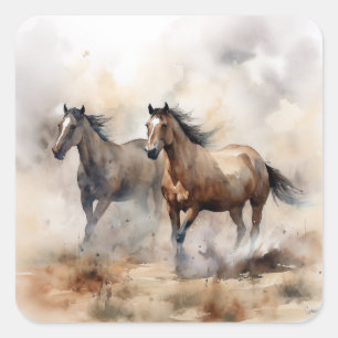 "Two Wild Mustangs" Dusty Western Wassercolor Quadratischer Aufkleber