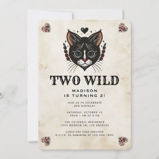 Two Wild Niedlich Kitten Cat Rockabilly 2. Geburts Einladung (Vorderseite)