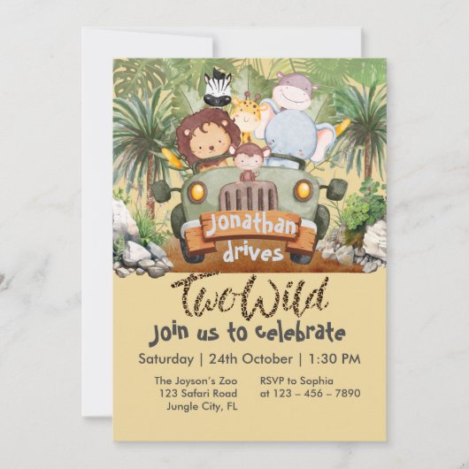 Two Wild Safari Animals Driving Car 2nd Birthday Einladung (Vorderseite)