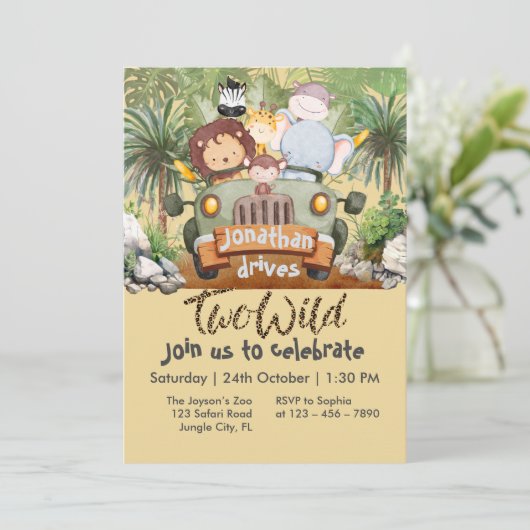 Two Wild Safari Animals Driving Car 2nd Birthday Einladung (Stehend Vorderseite)