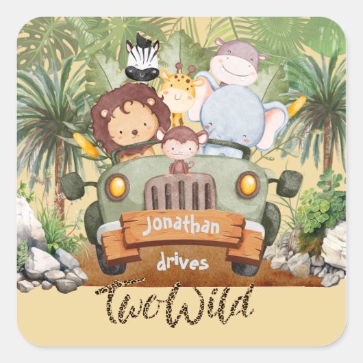 Two Wild Safari Animals Driving Car 2nd Birthday Quadratischer Aufkleber (Vorderseite)