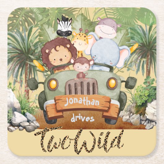 Two Wild Safari Animals Driving Car 2nd Birthday Rechteckiger Pappuntersetzer (Vorderseite)