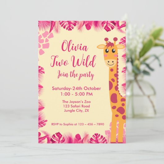 Two Wild Safari Animals Giraf Girl Pink 2nd Bday Einladung (Stehend Vorderseite)