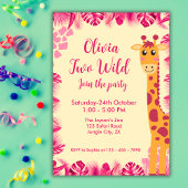 Two Wild Safari Animals Giraf Girl Pink 2nd Bday Einladung
