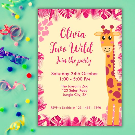 Two Wild Safari Animals Giraf Girl Pink 2nd Bday Einladung