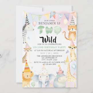 Two Wild Safari Animals Junge 2. Geburtstag Party Einladung