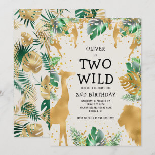 Two Wild Safari Green Gold Ecru 2. Geburtstag Einladung