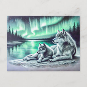 Two Wolves at the Waters Edge with Northern Lights Postkarte