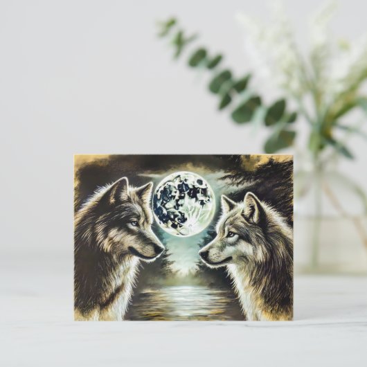 Two Wolves in Moonlight with Pack Postkarte (Stehend Vorderseite)