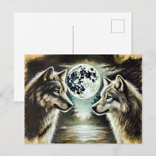 Two Wolves in Moonlight with Pack Postkarte (Vorne/Hinten)