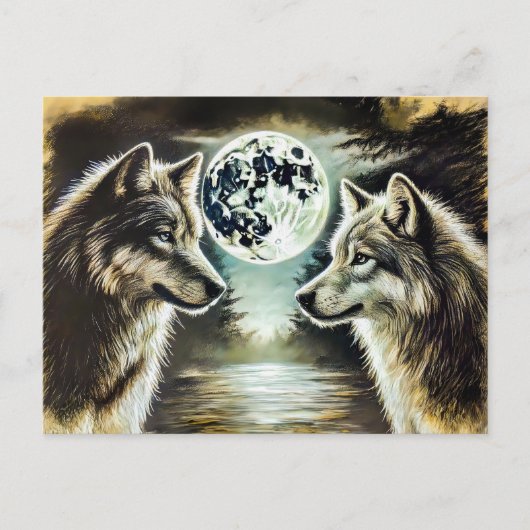 Two Wolves in Moonlight with Pack Postkarte (Vorderseite)