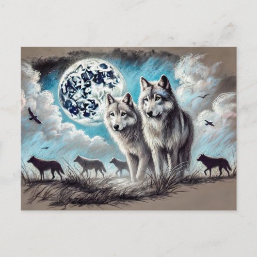 Two Wolves in Moonlight with Pack Postkarte (Vorderseite)