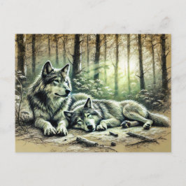 Two Wolves Resting in the Forest Postkarte