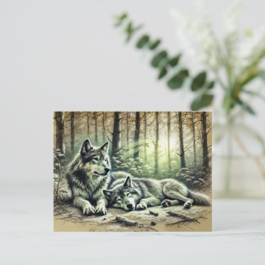 Two Wolves Resting in the Forest Postkarte (Stehend Vorderseite)