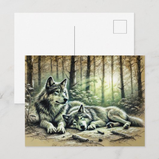Two Wolves Resting in the Forest Postkarte (Vorne/Hinten)