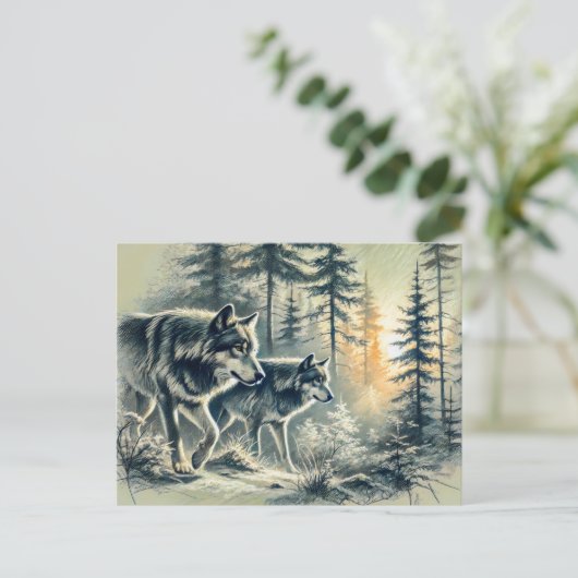 Two Wolves Running at Sunrise Postkarte (Stehend Vorderseite)