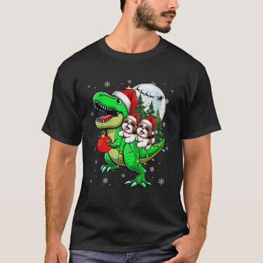 Two Xmas Shih Tzus Riding T Rex Reindeer Lover Kid T-Shirt (Vorderseite)