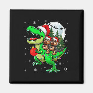 Two Xmas Yorkshire Terriers Riding T-rex Rentier Magnet