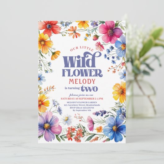 Two year old Wildflower 2nd birthday Invitation Einladung (Stehend Vorderseite)