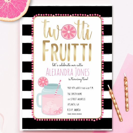 Twotti Fruitti Pink Lemon Black + White Geburtstag Einladung
