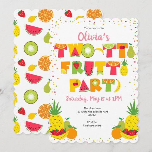 Twotti Frutti, Sommer, Mädchen, 2. Geburtstag Einladung (Vorne/Hinten)