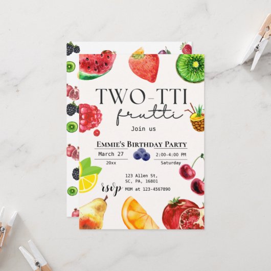 TWOtti Frutti Tropical Fruit Sommer 2. Geburtstag Einladung (Vorderseite/Rückseite Beispiel)