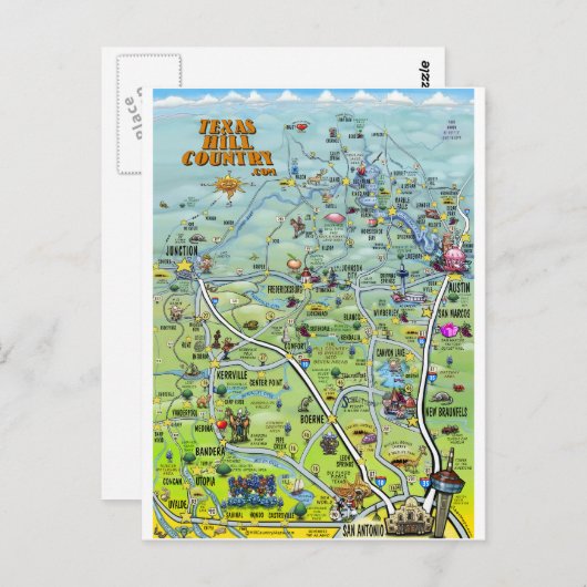 TX Hill Country Cartoon Karte (Vorne/Hinten)