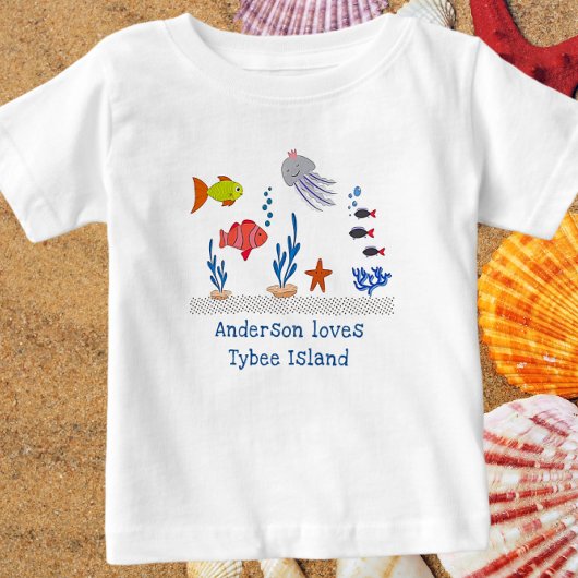 Tybee Island GA Fun Ocean Fish with Child's Name Baby T-shirt