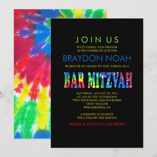 TYE DYE Bar Mitzvah Einladung (Vorne/Hinten)