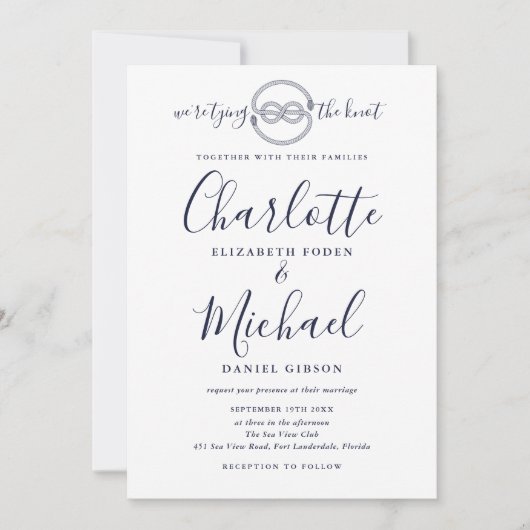 Tying Knot Navy Blue Script Foto Nautical Wedding Einladung (Vorderseite)