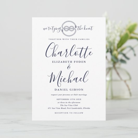 Tying Knot Navy Blue Script Foto Nautical Wedding Einladung (Stehend Vorderseite)
