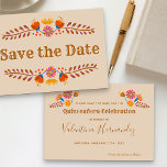 Typografie aus mexikanischem Western Save the Date<br><div class="desc">mexikanische Blumenkarte mit fiesta volkstümlichen Blume in erdfarbener Farbpalette aus Champagner beige-braun-pink orange und gelb. Unterschiedliches Design mit Western-Typografie und elegantem,  handgeschriebenem Drehbuch. Die Vorlage ist für jeden Anlass Set und kann mit Ihrem Veranstaltungsdatum personalisiert werden. Bitte stöbern Sie in meiner mexikanischen Blumensammlung nach passenden Artikeln.</div>