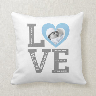 Typografie-Baby-Blau Geburts-Notfall modernes Kissen