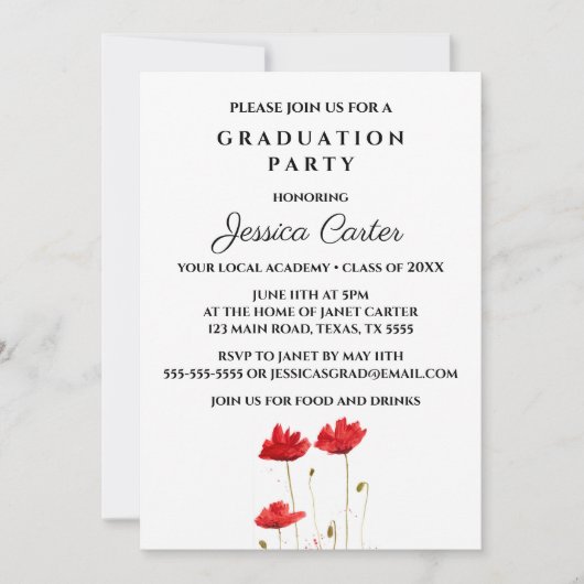 Typografie der Roten Poppies Blumengraduation Einladung (Vorderseite)