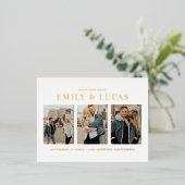 Typografie: Drei FotoCollage Save the Date Folie Einladungspostkarte (Stehend vorne)