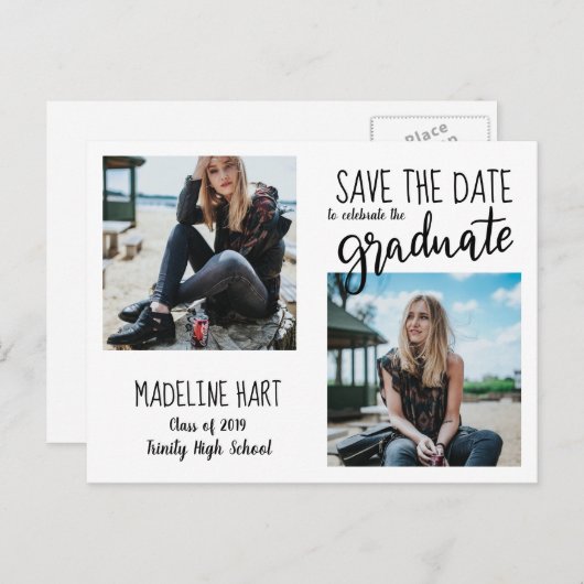 Typografie Graduate | Save the Date Modernes Foto Ankündigungspostkarte (Vorne/Hinten)