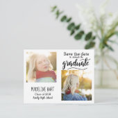 Typografie Graduate | Save the Date zwei Fotos Ankündigungspostkarte (Stehend Vorderseite)