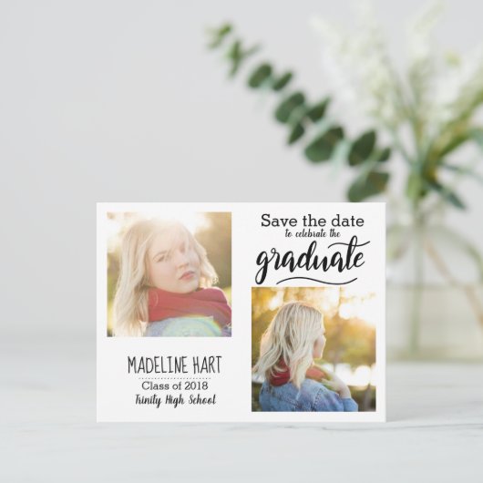 Typografie Graduate | Save the Date zwei Fotos Ankündigungspostkarte (Stehend Vorderseite)
