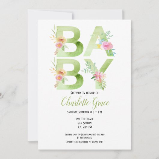 Typografie Grüner Text Rosa Blume Kinderdusche Einladung (Vorderseite)
