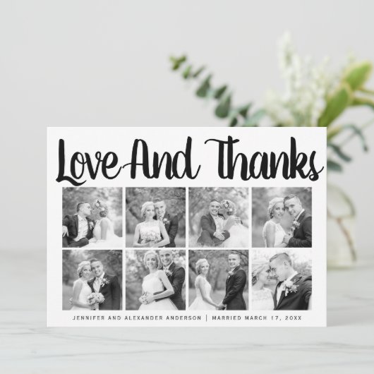 Typografie Hochzeit Danke, 8 Foto Collage Dankeskarte (Stehend Vorderseite)