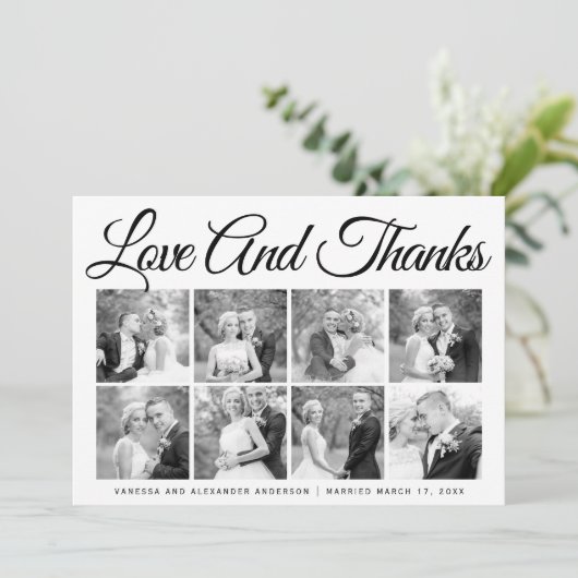 Typografie Hochzeit Danke, 8 Foto Collage Dankeskarte (Stehend Vorderseite)